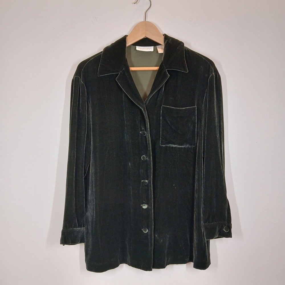 Dana Buchman Blouse Women Petite 4 Dark Green Silk Rayon Velvet Button Front